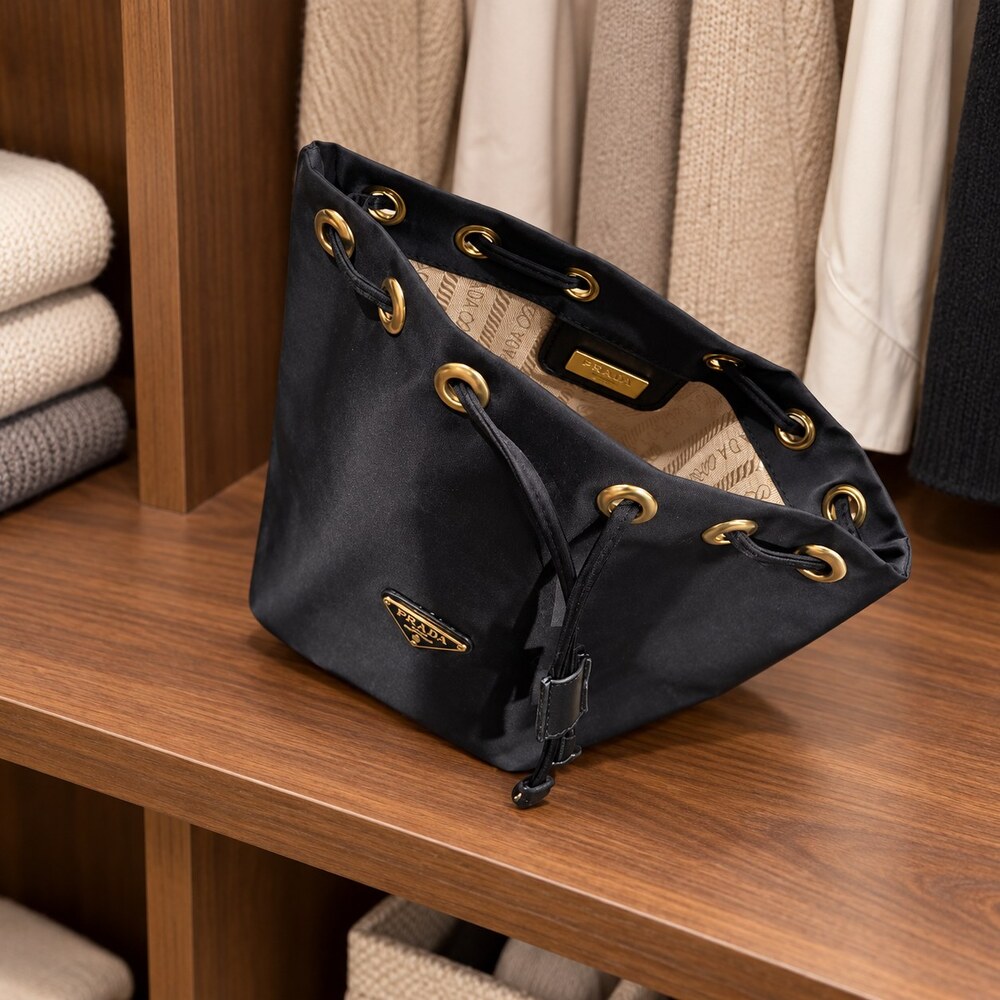 Prada Black Drawstring Makeup Bag | Compact Black Finish - Picture 2 of 6